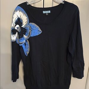 Cynthia rowley Black Sweater with Blue Floral Design sz xl